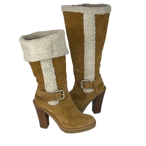 Michael Kors Sheepskin Derby Camel Brown Boots Womens Size 6.5 Lined - Picture 2 of 12